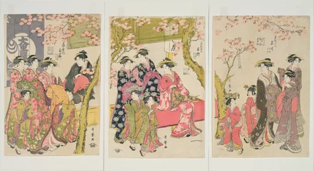大桜の前の桜の木の下を散歩する遊女1789年頃（大判立三枚木版画、紙に色）（詳細は253486を参照）